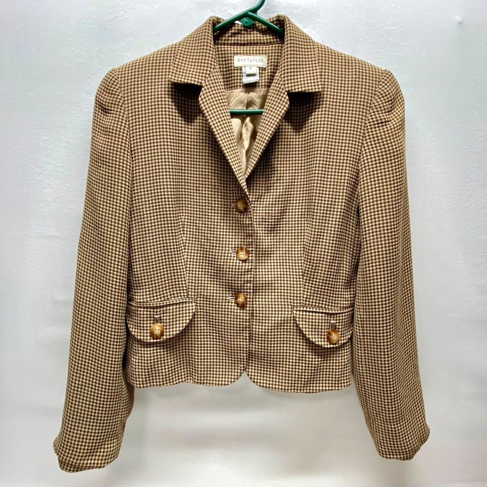 Ann Taylor Houndstooth Blazer Women's 6 Tan Brown 3-Button‎ Notch Collar USA GUC